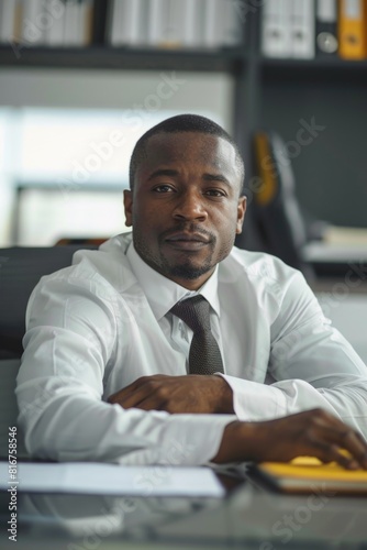 A man in professional attire sitting at a desk. Suitable for business and office concepts