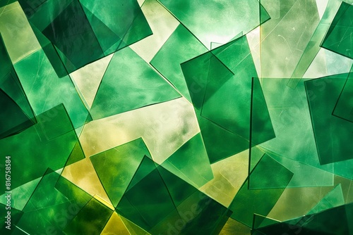 Abstract green geometric pattern wallpaper with emerald shades and unique contemporary artistic design using glass translucent mosaic texture and vibrant polygonal shapes