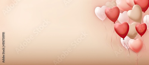 Valentine s Day celebration with heart shaped balloons against a beige background providing ample copy space for images