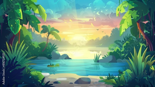 Tropical background with river in jungle forest. Lake water cartoon illustration with grass  creepers  and wild amazon scenery. Rainforest game design with beautiful valley in the rainforest.