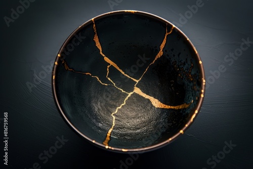 An antique black bowl with intricate gold kintsugi repairs, showcasing elegance and simplicity