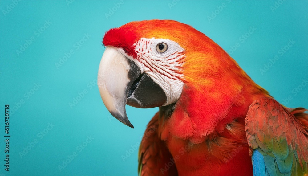 A vibrant parrot with rich red, blue, and yellow feathers. The background is a solid, vivid A vibrant parrot with rich red, blue, and yellow feathers. The background is a solid, vivid