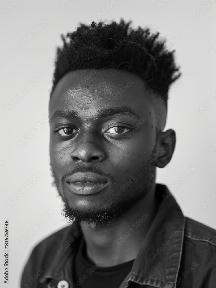 Portrait of African American man, black and white photograph, studio, close-up, white background Portrait of African American man, black and white photograph, studio, close-up, white background