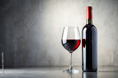 Sophisticated display of red wine in a bottle and glass on a clean, white surface