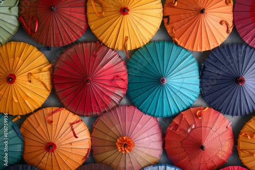 A row of vibrant umbrellas hanging on a wall  creating a striking visual display against a neutral background