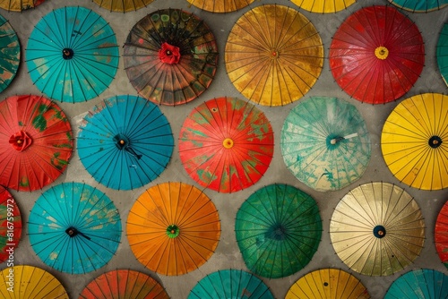 Vibrant umbrellas arranged on a concrete wall in an overhead view against a neutral background