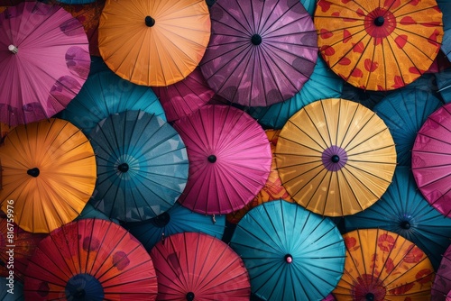 Collection of vibrant umbrellas arranged in a row against a neutral background in commercial photography