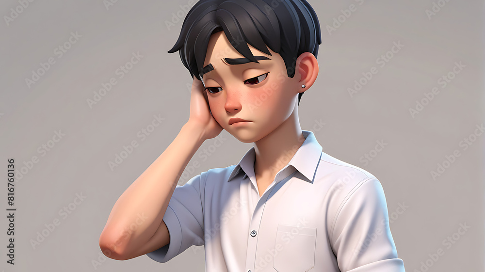A Sad unhappy upset Asian 3d model cartoon character young man wearing white shirt on light color background, 3d model,
A Sad unhappy upset Asian 3d model cartoon character young man wearing white shirt on light color background, 3d model,