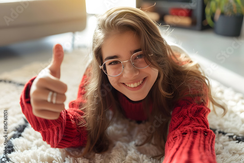 Cheerful young woman giving thumbs up indoors