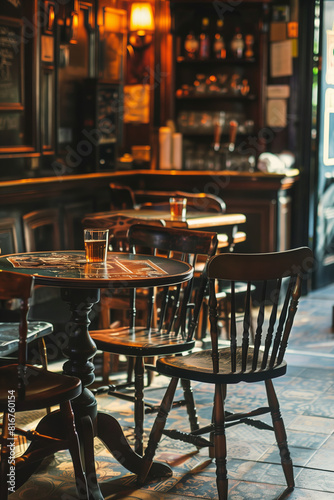 Warm and cozy atmosphere of traditional Irish pub. Warm yellow lights in empty interior of rural bar in Ireland.