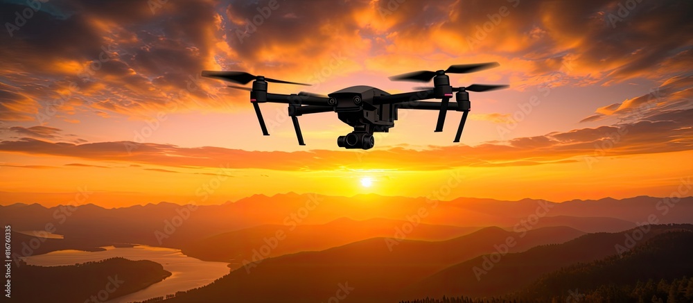 Drone flying with sunset background Silhouette Copy space Drone flying with sunset background Silhouette Copy space