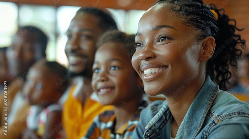 A modern South African parents attending a parent's meeting at school for their child. They are happy and excited to hear from the teacher in a classroom in a township school. Generative AI.