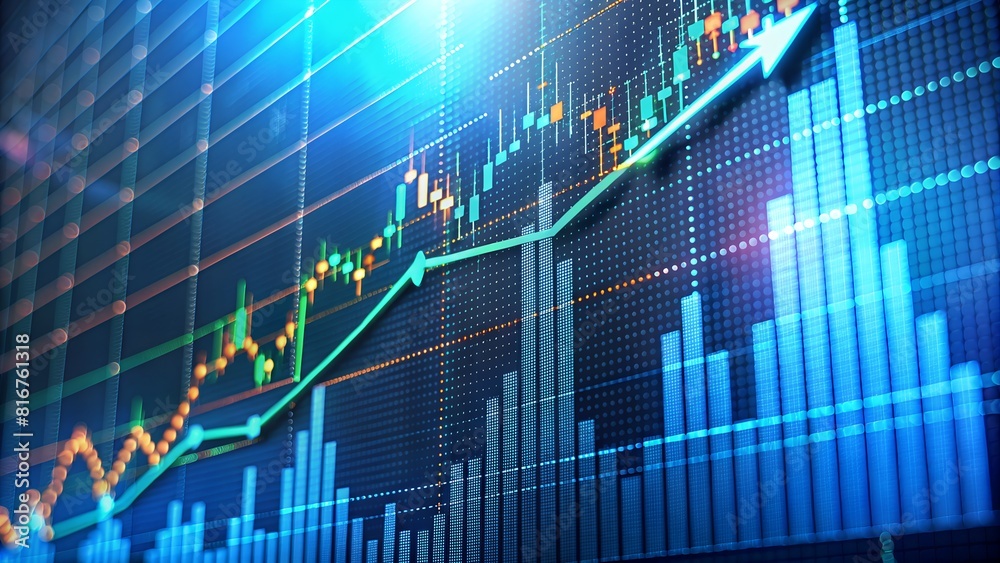 Close up financial chart with uptrend line graph in stock market on monitor background Close up financial chart with uptrend line graph in stock market on monitor background