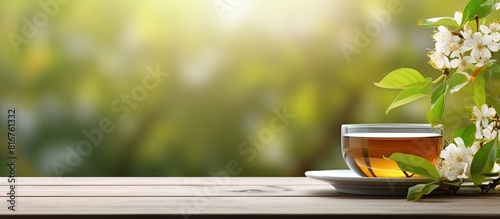 Close up copy space image of a wooden table adorned with a cup of tea and linden blossom providing ample space for text