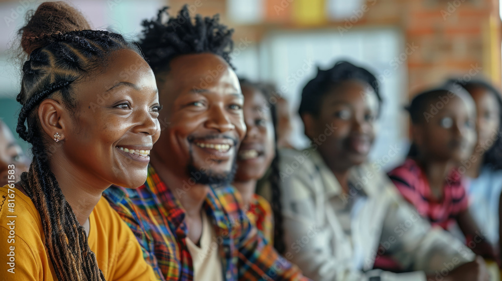 A modern South African parents attending a parent's meeting at school for their child. They are happy and excited to hear from the teacher in a classroom in a township school. Generative AI. A modern South African parents attending a parent's meeting at school for their child. They are happy and excited to hear from the teacher in a classroom in a township school. Generative AI.