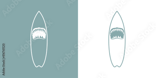 Logo club de surf. Silueta de mandíbula de tiburón sobre tabla de surf