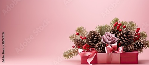 A festive Christmas arrangement featuring a gift pine cones on a pink background The composition is displayed from above with room for additional elements in the image photo