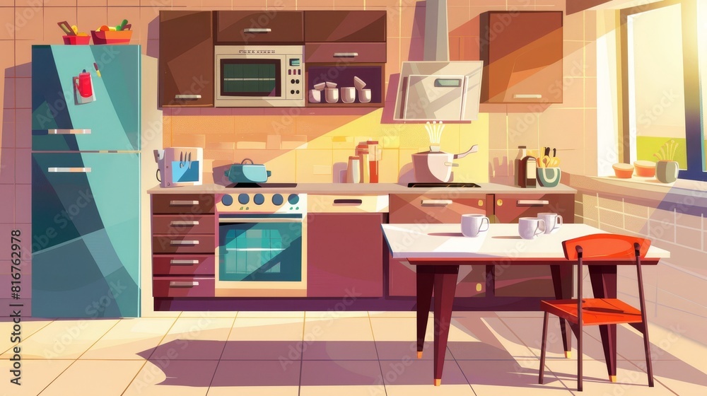 This modern illustration shows a modern kitchen interior with furniture and tableware. There is a morning coffee cup on a table, brown drawers on the walls, a refrigerator and microwave oven, and a