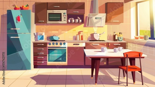 This modern illustration shows a modern kitchen interior with furniture and tableware. There is a morning coffee cup on a table  brown drawers on the walls  a refrigerator and microwave oven  and a