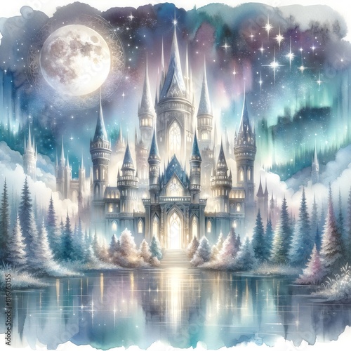 Magical Castle at Night with Full Moon