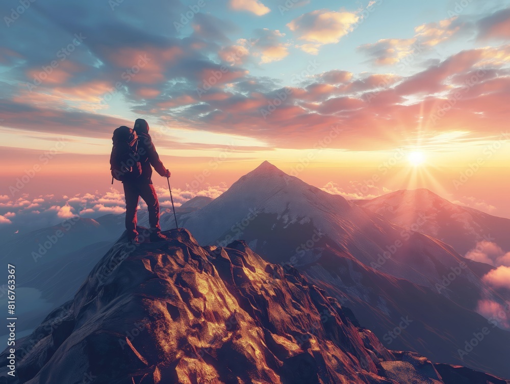 A lone hiker stands on a mountain peak, gazing at a breathtaking sunrise. The scene captures the essence of adventure, exploration, and the beauty of nature.