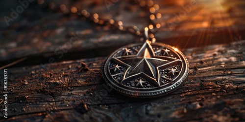 A pentagram pendant resting on a wooden surface. Suitable for spiritual or mystical themes