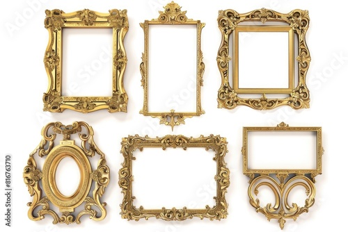 Four elegant gold picture frames on a clean white background. Perfect for showcasing photographs or artwork in a stylish way