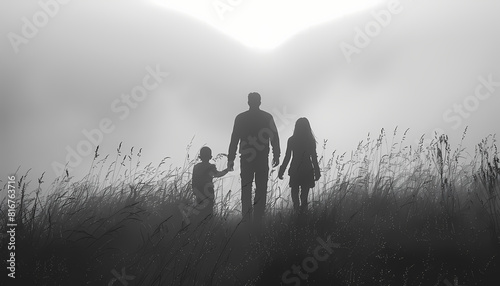 Together in White  Silhouette of Father with Son and Daughter in an Eternal Embrace  on an Immaculate Background