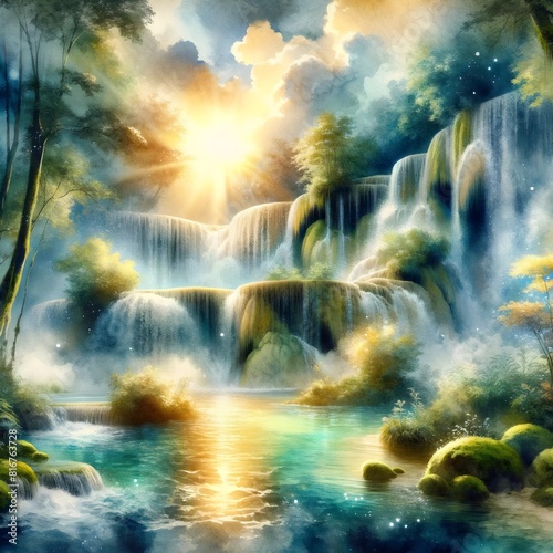 Sunlit Waterfall Scene with Lush Greenery