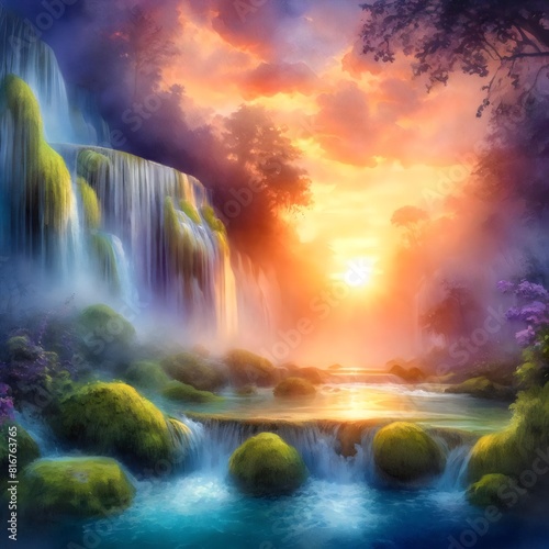 Sunset Waterfall Scene with Vibrant Colors