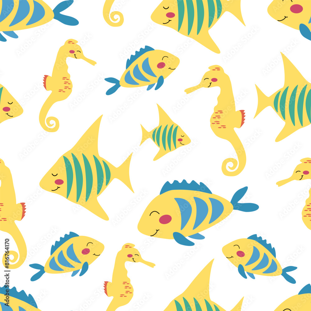 Naklejka premium Seamless pattern of cartoon sea inhabitants tropical yellow fish and seahorses on a white background. Vector illustration for children's wallpaper, textiles, packaging.