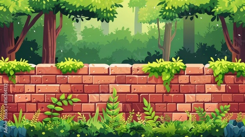 In this modern background, you will see a brick wall with green plants on a stone. Spring garden with viaduct or bridge with balustrade. The background is a location in the game area with masonry
