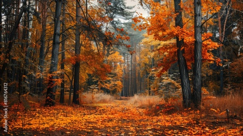Colorful autumn nature in the forest trees and shrubs displaying vibrant orange hues