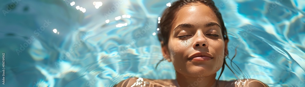 A woman floating peacefully in a swimming pool, clear blue water, overhead sunlight, closeup shot A woman floating peacefully in a swimming pool, clear blue water, overhead sunlight, closeup shot