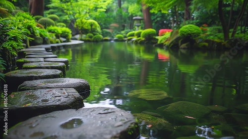 A serene Japanese garden with a stone path over a calm pond, lush green foliage, soft natural light, wideangle shot © Creative_Bringer