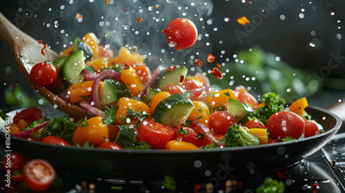 Mid-air vegetables, Capture the vibrant vegetables frozen in mid-air as they are tossed into the pan. Generative AI.