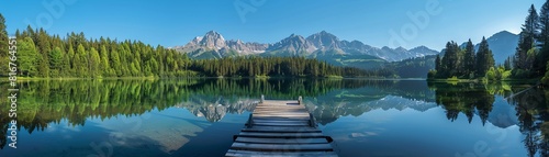 A tranquil mountain lake reflecting surrounding pine trees and peaks, wooden dock in the foreground, clear sky, wideangle shot photo