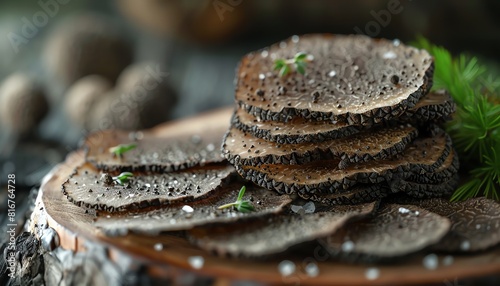 Black truffle slices on rustic wooden board, high detail, culinary luxury, natural earthy tones photo