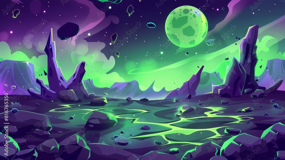 Modern illustration of a green alien planet surface with toxic neon substance in cracks and stones scattered after an explosion or collision with a meteorite. Background for an adventure game.
