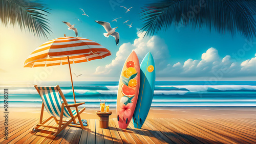 Summer vacation concept, Banner of beach chairs and accessories on the beach, 3d illustration