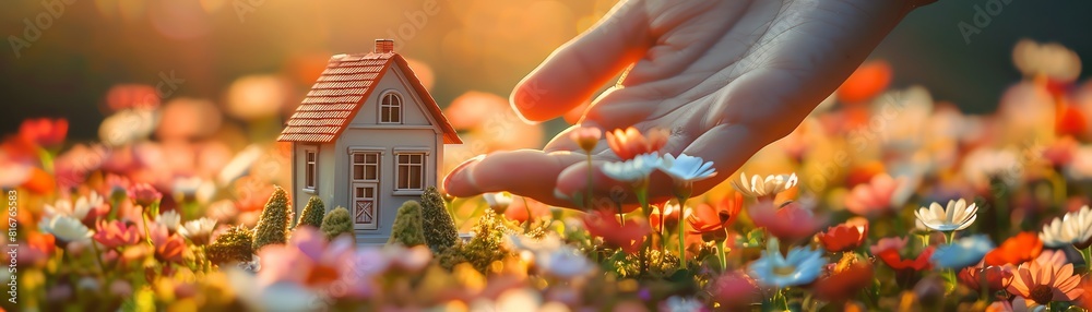 Fototapeta premium Small, colorful model house in a hand, surrounded by blooming flowers, soft focus, warm sunlight, dream home concept