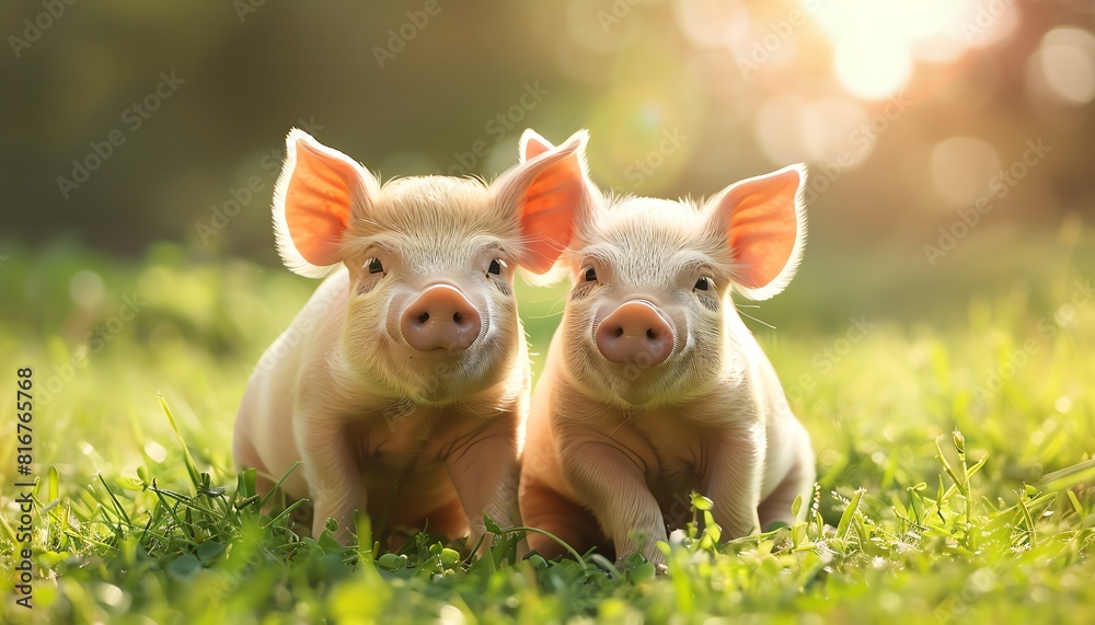 Two cute piglets sitting on grass, backlit by sunlight, adorable and bright Two cute piglets sitting on grass, backlit by sunlight, adorable and bright