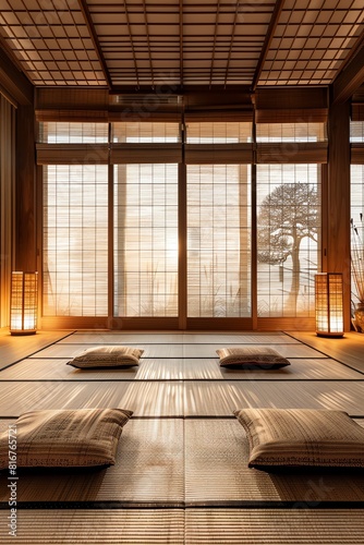 Traditional Japanese room with tatami mats shoji screens warm ambient light wideangle serene