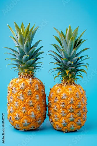 Two pineapples against a turquoise background, studio lighting, vibrant and fresh