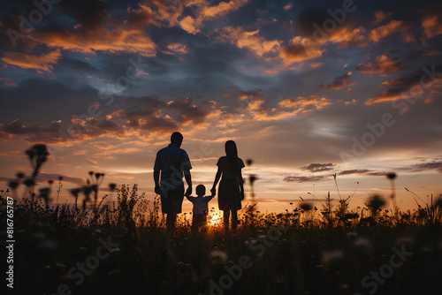 Family silhouettes against sunset sky