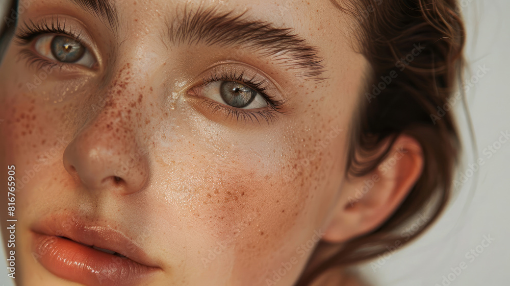 Fototapeta premium the close-up of a girl's face, adorned with charming freckles and defined eyebrows, as she carefully applies a potent anti-aging skincare cream.