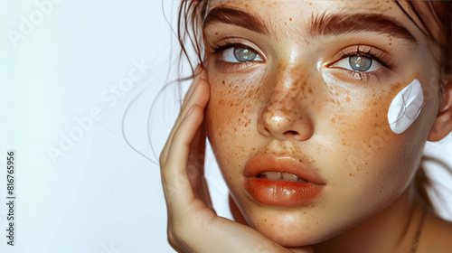 the close-up of a girl's face, adorned with charming freckles and defined eyebrows, as she carefully applies a potent anti-aging skincare cream.