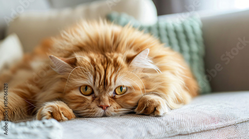 Cute Persian cat lying on sofa at home