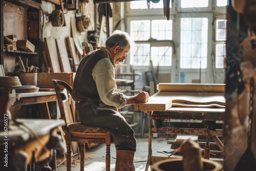 A man sitting in a chair, working on a piece of wood. Suitable for carpentry or DIY projects