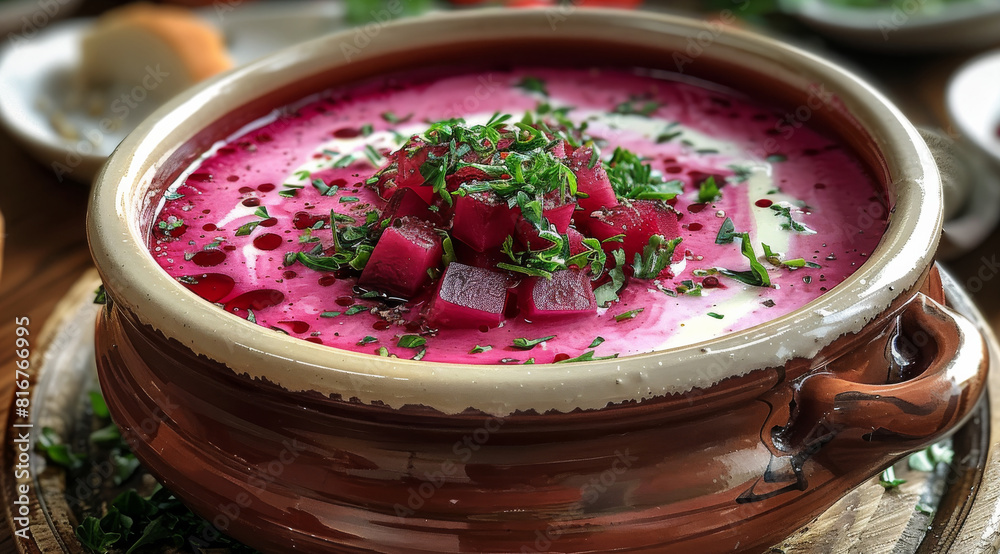 A cold summer soup with beetroot. Generative AI.